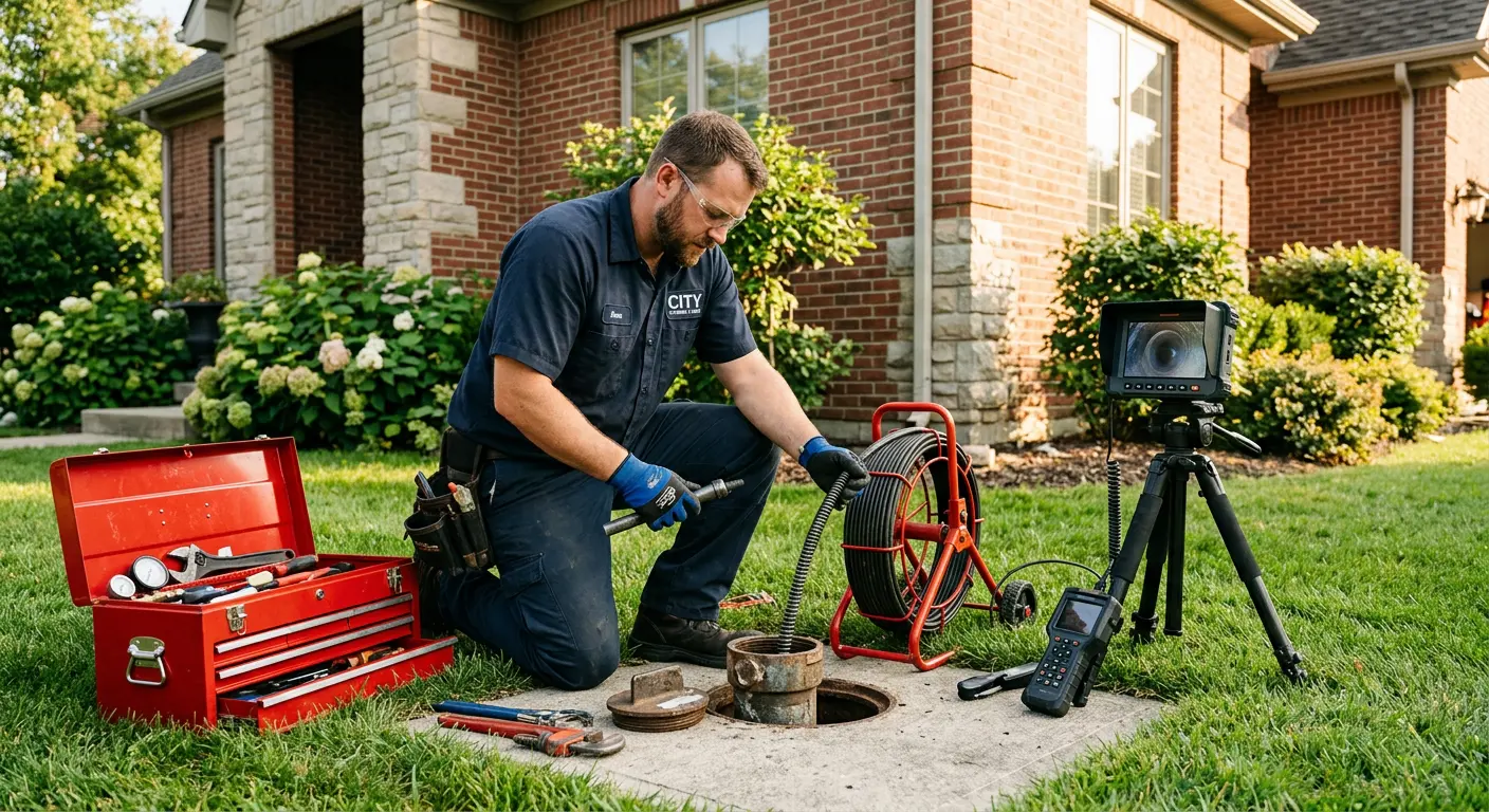 Sewer specialist with camera equipment servicing a cleanout in Longwood