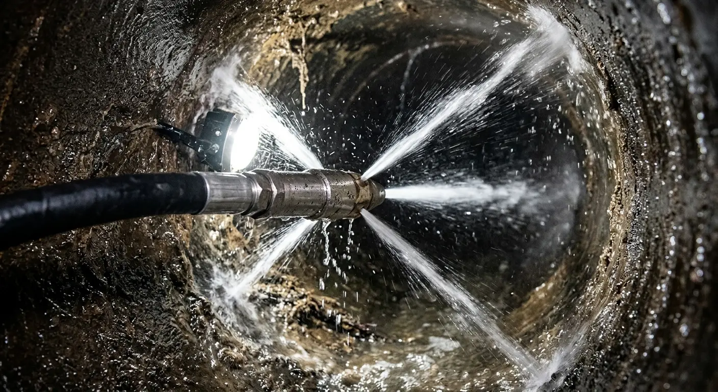 High-pressure hydro jetting nozzle cleaning sewer pipe for Trenchless Sewer Repair in Longwood