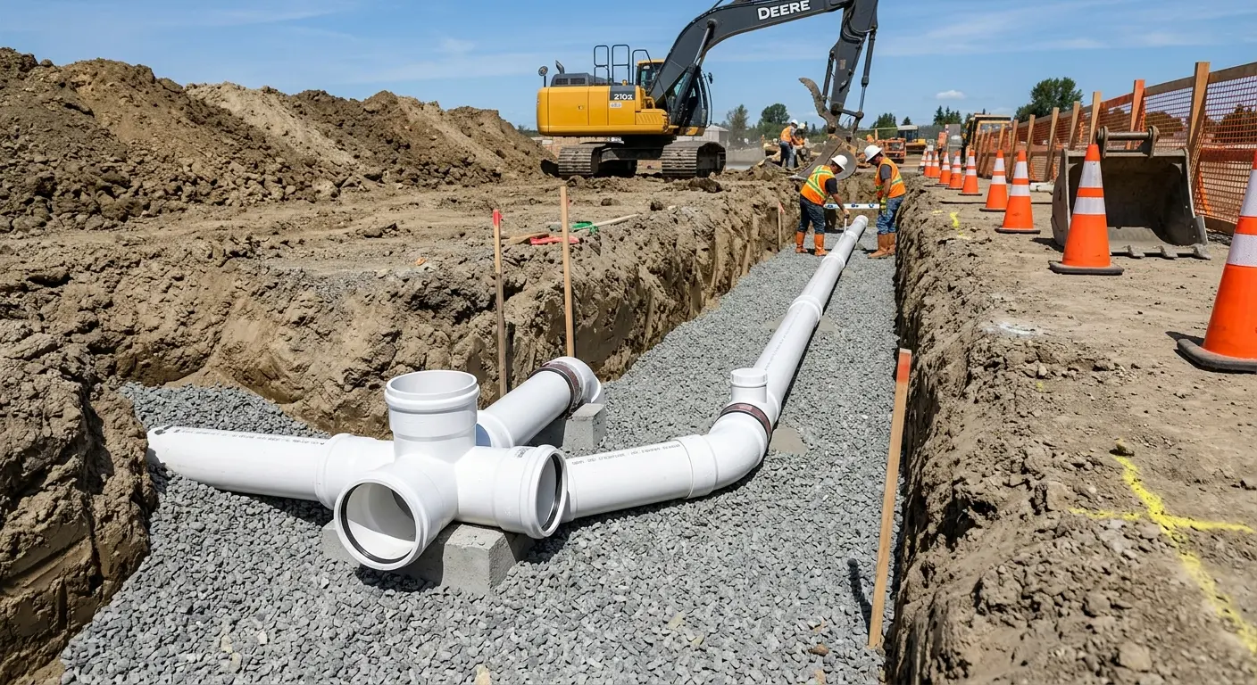 New PVC sewer pipe installation in open trench for Sewer Backup in Longwood