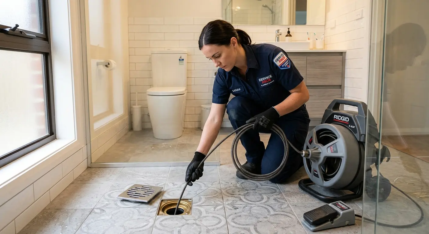 Technician clearing a bathroom floor drain for Drain Cleaning in Longwood